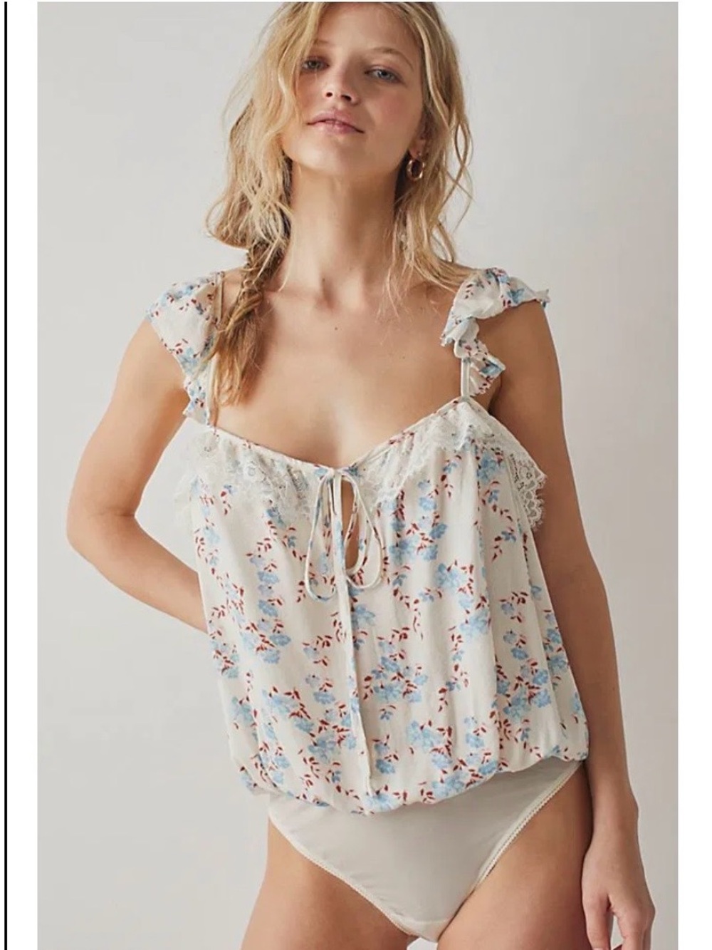 Free People Take it Away Cream Floral Tie-Front Ruffle Strap Bodysuit